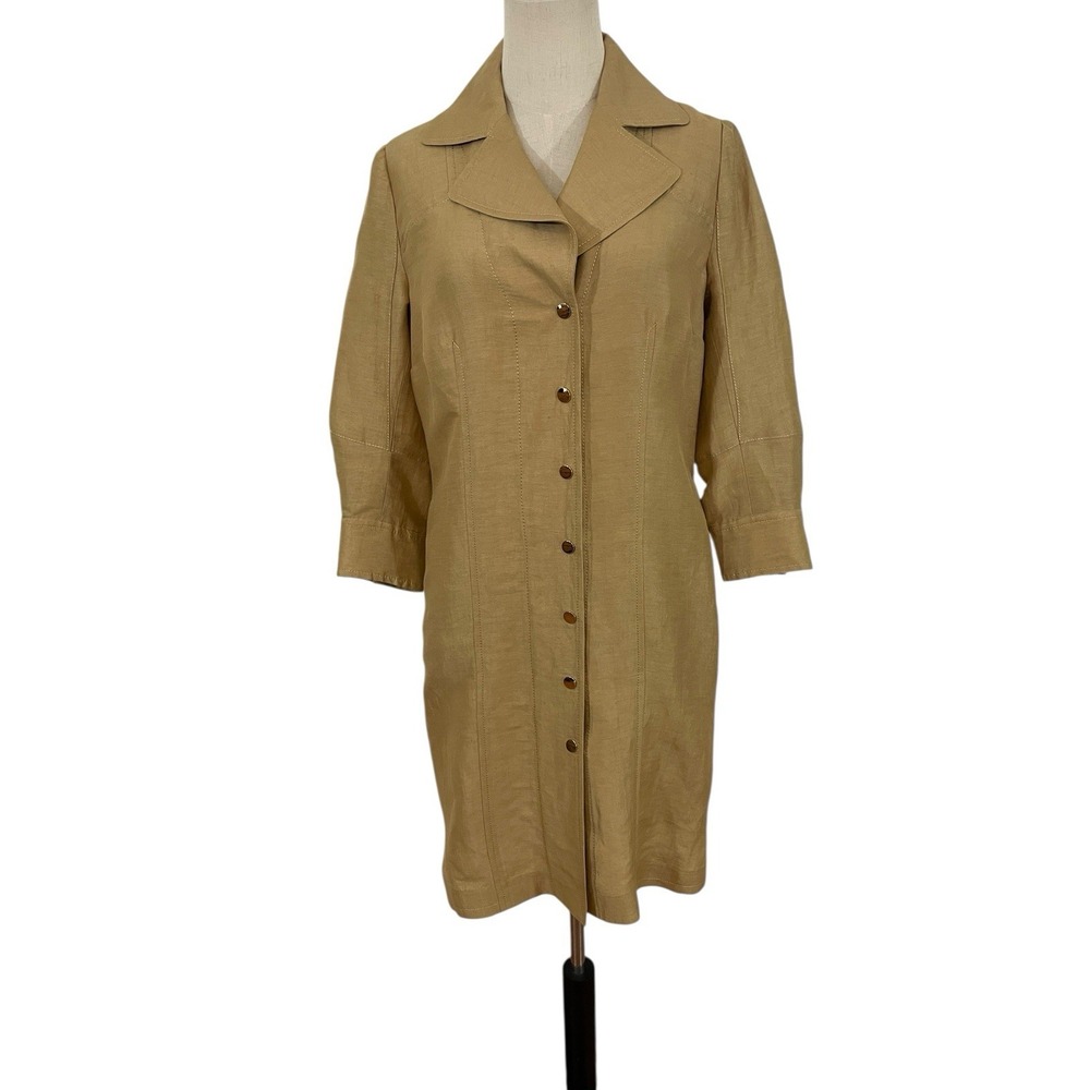 Per Se Carlisle Linen Silk Duster Trench Jacket Women 4 Tan Longline‎ Minimalist